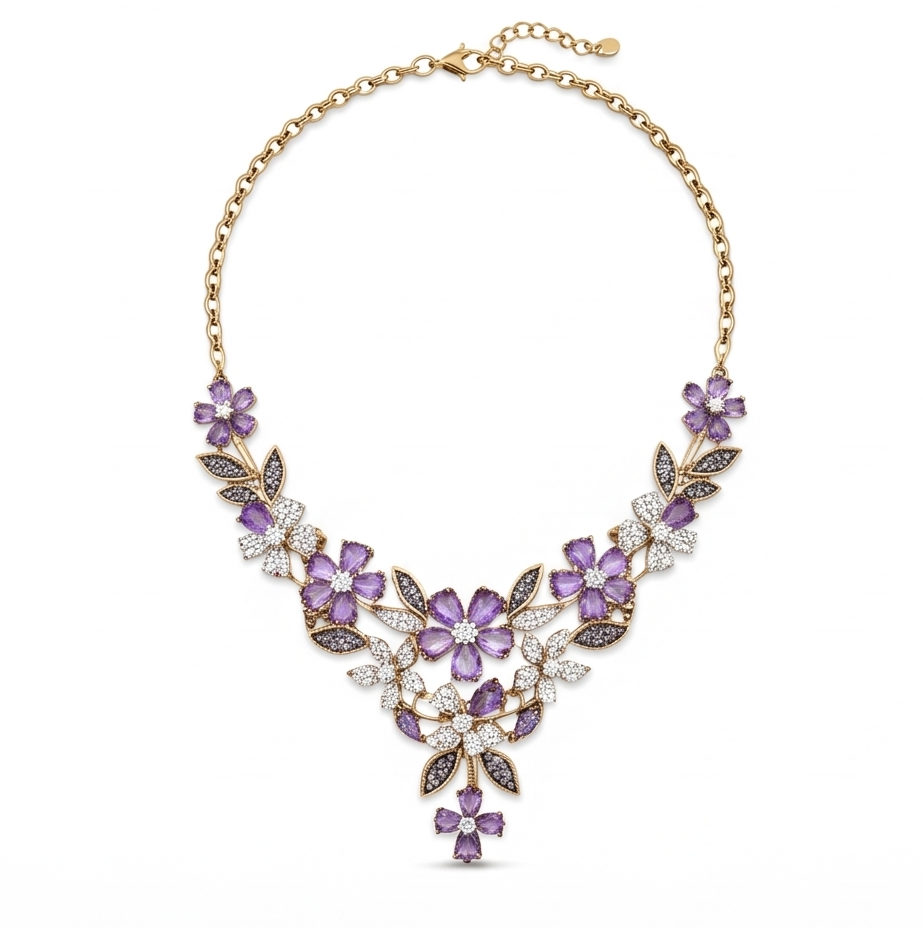 Purple AD Flower Necklace Set