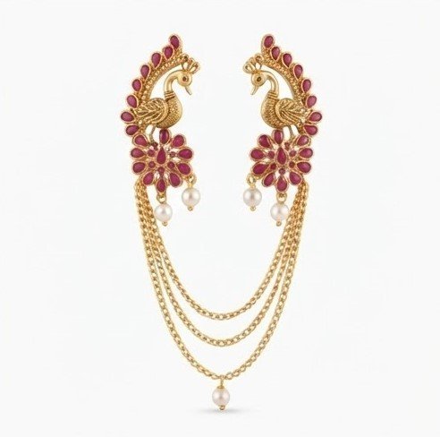 Peacock Earcuff with Ruby Stones